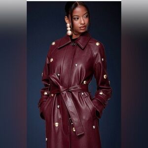 Avec Les Filles Burgundy Trench Coat with Stud Accents